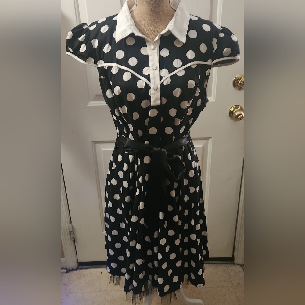Vintage-Inspired Black & White Polka Dot Dress with Collar